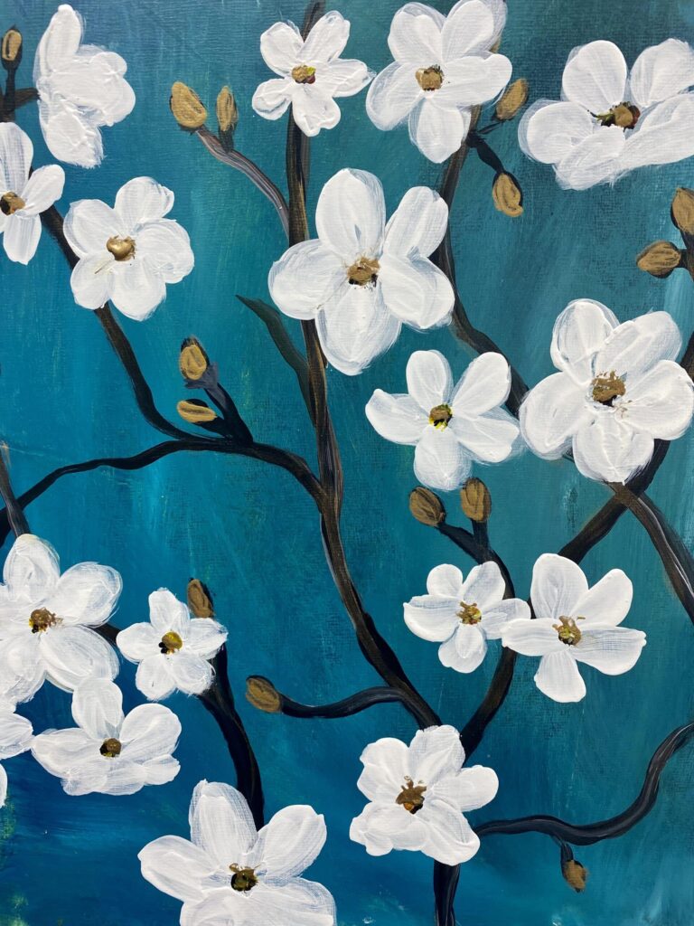 Painting Blossom. Buy art at Vino’s Picasso studio.
